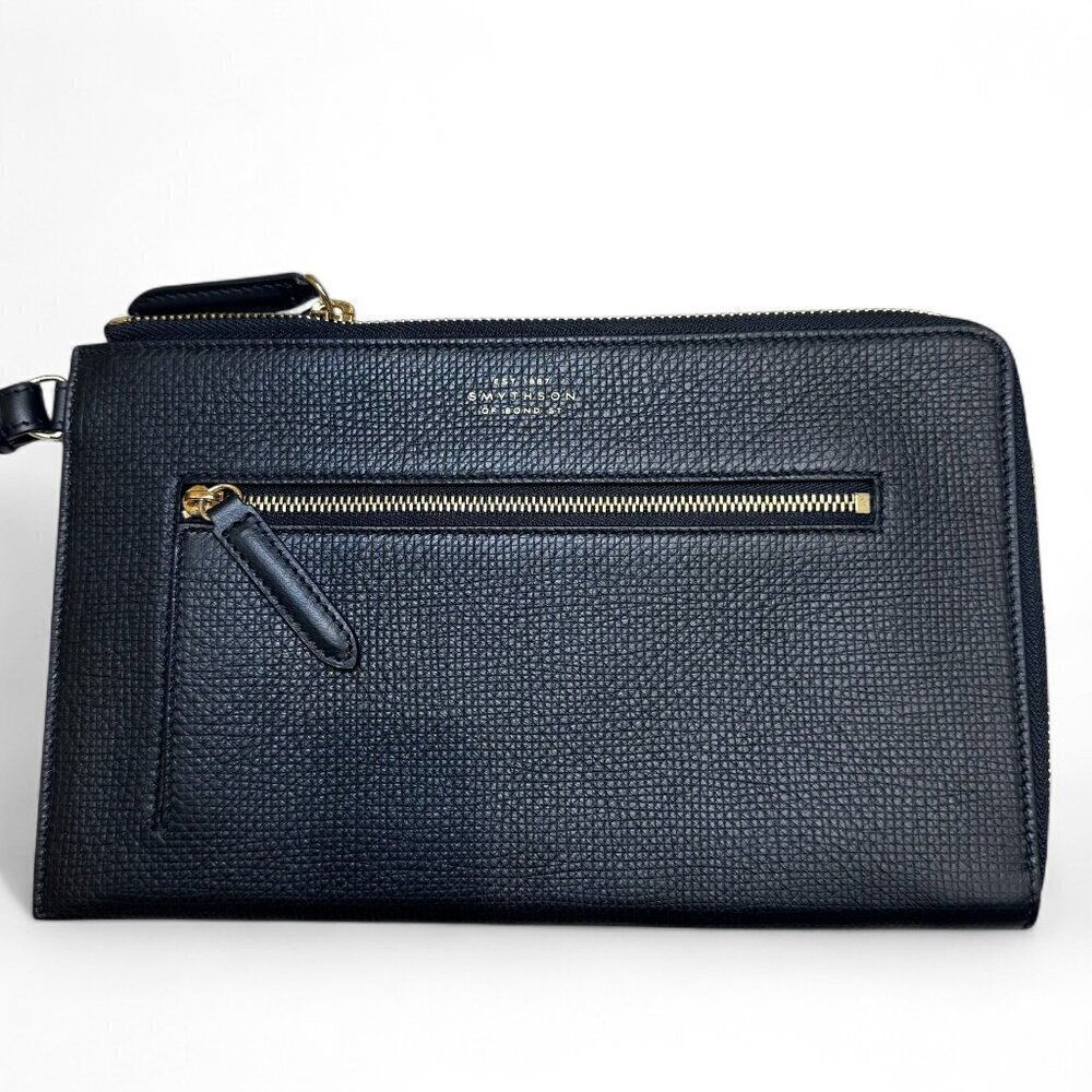 Smythson Men's Black Leather Panama Pochette Pouch, Wristlet - NWOT